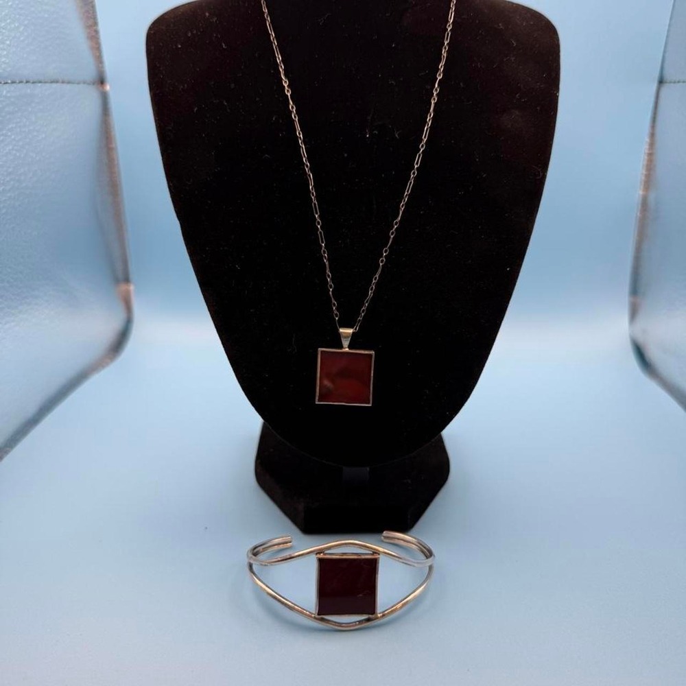 Sterling Silver Red Square Pendant Necklace & Cuff Bracelet Jewelry Set Boho